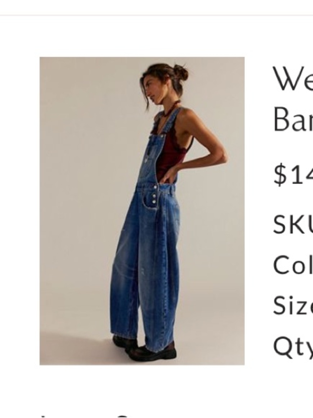 We The Free Blue Barrel Dungarees Wide-Leg Overalls
